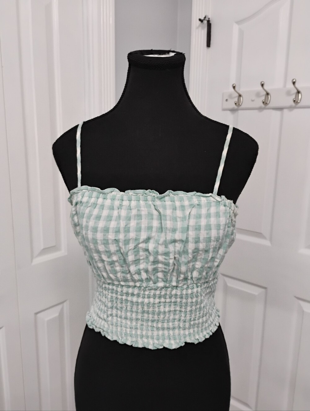 American Eagle Outfitters Mint Green Gingham Smocked Crop Cami